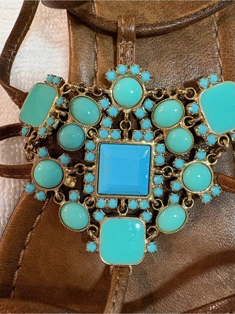 Stuart Weitzman Brown Leather Lace-Up Sandals with Turquoise Stones
